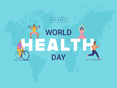 7th April, World Health Day Font With Cartoon People Character In Different Activities On Blue World Map Background. - Powered by Adobe
