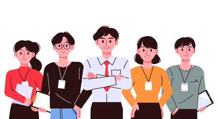 Business team members are standing. The boss and his employees stand in a confident pose as a group.