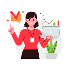 Business woman illustration. A woman is standing with a laptop.