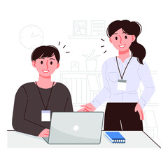 Business teamwork illustration. A female boss is talking to a male employee about work.