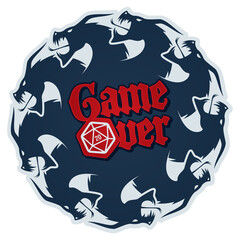 Vector inscription Game Over with 20 sided dice with circle dragons. Board games. Isolated on white background.