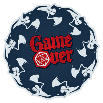Vector inscription Game Over with 20 sided dice with circle dragons. Board games. Isolated on white background.