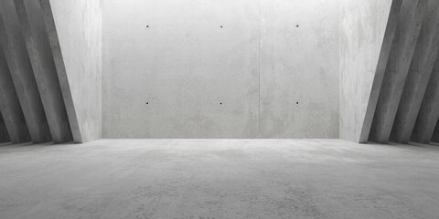 Abstract empty, modern concrete walls room with indirect ceiling light opening in the back and sliced downward sloped walls in the back - industrial interior background template