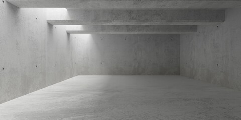 Abstract empty, modern concrete walls room with top light from left and ceiling beams - industrial interior background template