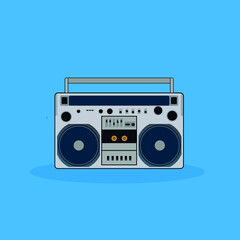 Fototapeta na wymiar Vector illustration of Retro cassette tape recorder isolated on blue background. Outline icon. Retro boombox trendy style. Retro portable stereo radio cassette recorder. 