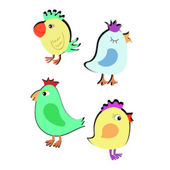 Funny flat birds stickers set, four little birdies, a cute bird characters collection 
