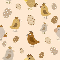 Fototapeta premium Funny birds and eggs seamless pattern in pastel colors, Easter repeat pattern, a springtime background 