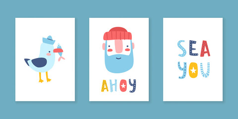 Nursery doodle posters set with lettering. Sailor and seagull vector prints collection. Abstract colorful baby wall art.
