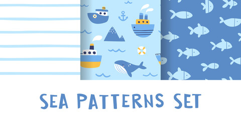 Marine baby pattern set for textile. Cute sea blue print collection for fabric. Seamless vector pattern bundle.