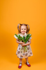 a little girl in a beautiful dress with curly tails on a plain yellow background