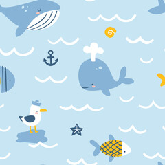 Blue sea baby pattern. Cartoon vector seamless childish marine print for fabric and nursery.