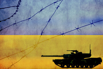 Flag of Ukraine painted on a concrete wall with wire fence and war tank. Relationship between...