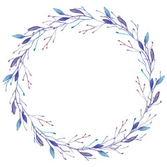 Fototapeta na wymiar Round frame decorated with a plant with small leaves and branches in blue-purple, painted in watercolor, isolated on a white background.