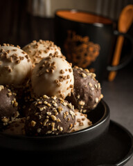 Chocolate covered bun in a coffe time table