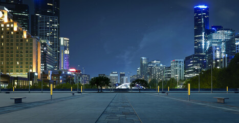 Panoramic view of empty urban floor with city skyline - obrazy, fototapety, plakaty