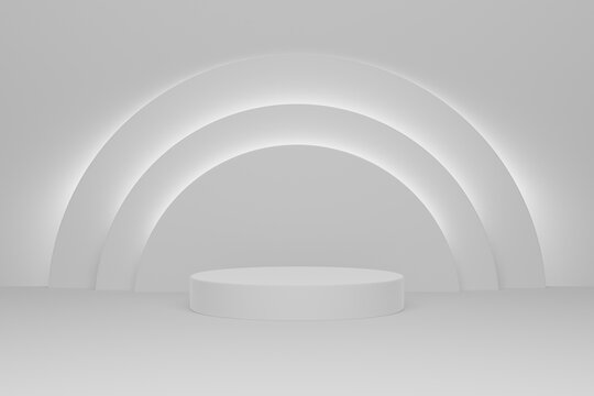 Blank white gradient background with circle glowing product display platform. Empty studio with podium pedestal on a white backdrop. 3D rendering