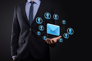 Email and user icon,sign,symbol marketing or newsletter concept, diagram.Sending email.Bulk mail.Email and sms marketing concept. Scheme of direct sales in business. List of clients for mailing.