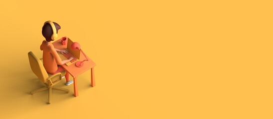 Man working with laptop computer at home. Freelance. Teleworking. Copy space. 3D illustration. Cartoon.