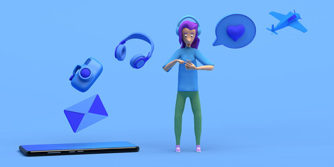 Smartphone app concept with woman using smartphone and giant icons. Copy space. 3D illustration. Cartoon.