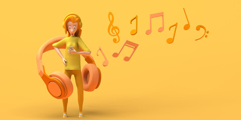 Woman listening to music with headphones and smartphone. Copy space.  3D illustration. Cartoon.