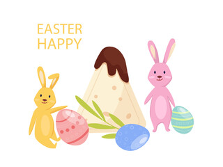 Easter concept.Easter vector cartoon illustration with bunnies and painted eggs