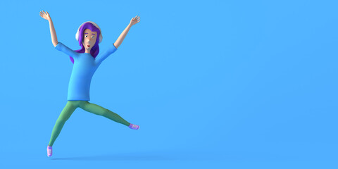 Young woman jumps listening to music with headphones. 3D illustration. Copy space.