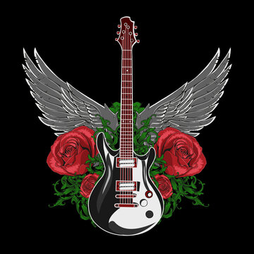 Rock guitar with wings and red roses