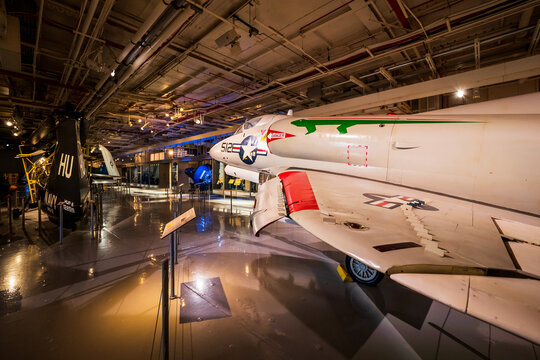 Side view of a Douglas A-4 Skyhawk light attack aircraft on the hangar deck of USS Intrepid Sea, Air and Space Museum in New York, NY, USA