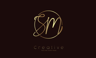 Initial SM Logo, handwritten letter SM in circle with gold colour, usable for Brand,, personal and company logos, vector illustration