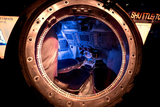 Interior view of the Russian Soyuz TMA spacecraft with it's 3 cosmonaut seats at the USS Intrepid Sea, Air and Space Museum in New York City, NY, USA