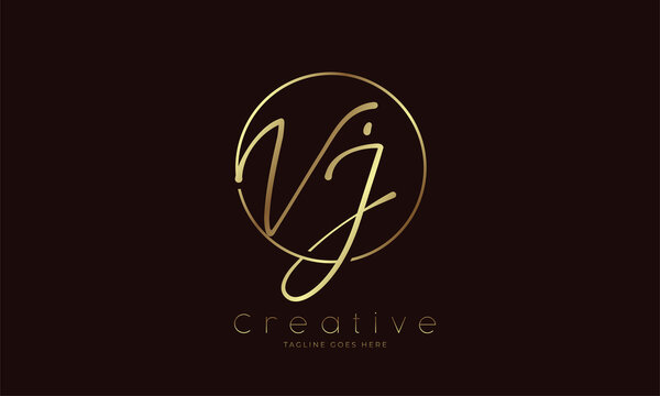 Initial VJ Logo, handwritten letter VJ in circle with gold colour, usable for Brand,, personal and company logos, vector illustration