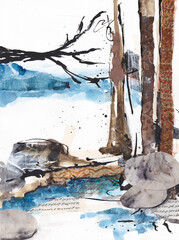 Abstract illustration of a wabi sabi landscape with rocks, trees and water, mixed media collage with painting