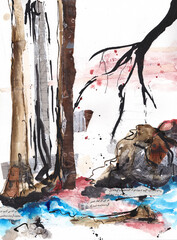 Abstract landscape with trees, overhanging branch, rocks and water, wabi sabi, mixed media painting