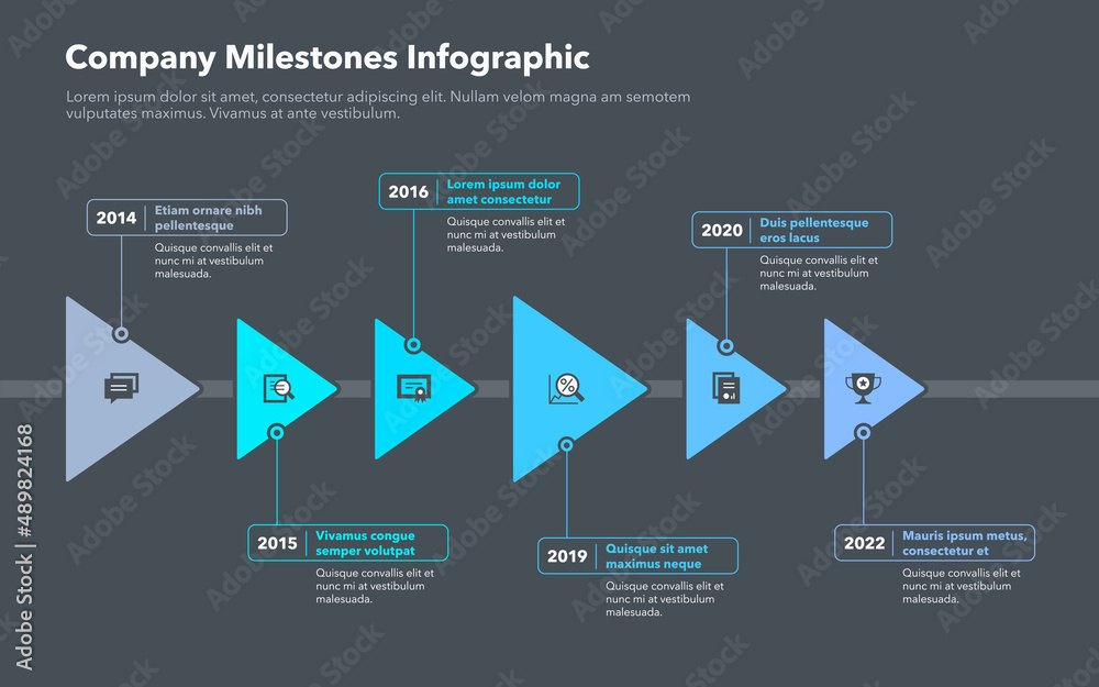 Poster Modern infographic with six steps for company milestones - dark version. Easy to use for your website or presentation.