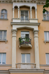 Kazan, Russia - 12 July 2021 - Fragment of the facade of a building. Streets of Kazan, panoramic view of the city on a summer day, buildings and architecture of the city.