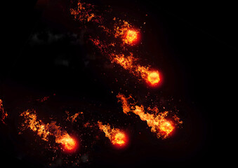 Fototapeta na wymiar 暗闇に飛び散る複数の火の玉のイラスト