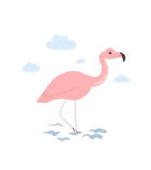 Pink flamingo on a white background. Hand drawn flamingo with clouds. Children's illustration