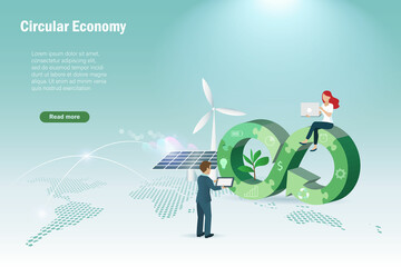 Circular economy in jigsaw puzzles  with wind turbines and solar panel on world map. Businessman team set up sustainable strategy goal of eliminating waste and pollution by using natural resources. - obrazy, fototapety, plakaty