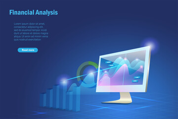 Financial analysis, business intelligence, stock market statistics. 3D analysing growth graph chart on computer screen for business success and acheivement.