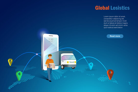 Global online smart logistics. Delivery man with shipping truck on smart phone deliver shipment with worldwide network connecting. Global logistic and transportation technology