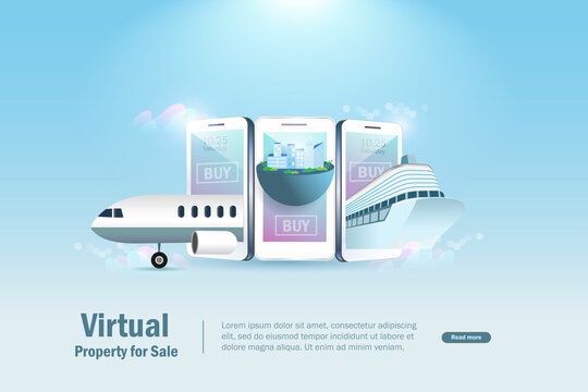 Metaverse virtual land, real estate and property for sale. Virtual 3D luxury airplane, cruise ship and buildings to buy online on smart phone screen. Financial investment technology in cyber space.