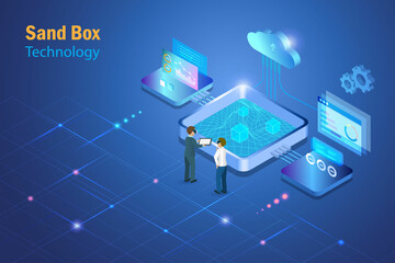 Sandbox, demo test software programing. Engineering team discuss virtual experiment  program in metaverse sanbox simulation background