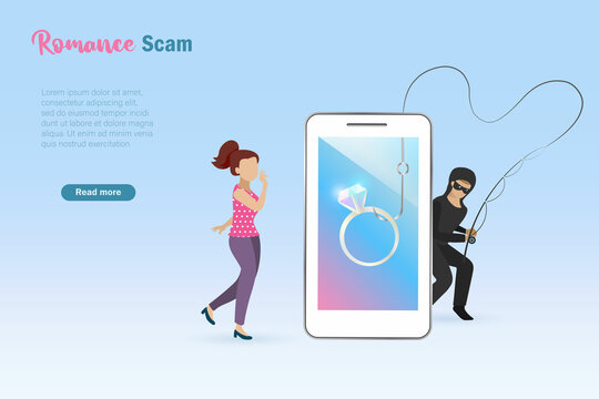 Romance Scam, Dating Scam, Cyber Crime, Hacking, Phishing And Love Scam Concept. Hacker,scammer Cheating Woman By Offer Diamond Ring On Smart Phone. Online Social Media Fraud.