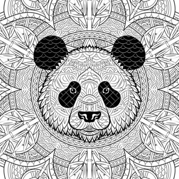 Panda face pattern on ornament background. Portrait of giant panda isolated on white background. Painted ethnic ornament. Chinese style. Tribal ornament painted by hand. Series ethnic animals.