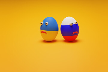 Conflict between Russia and Ukraine. Eggs painted in the colors of the flags.