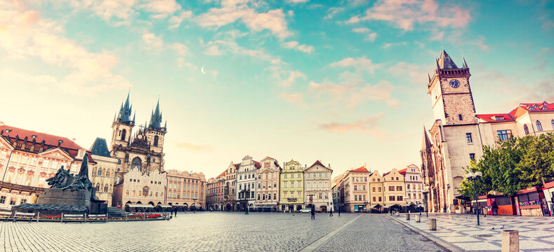 Prague, Czech Republic old town with Tyn Church panorama