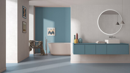 Fototapeta na wymiar Modern minimalist bathroom in blue pastel tones, washbasin with mirror, bathtub, tiles and concrete walls, armchair, colored vases and decors, interior design project concept idea