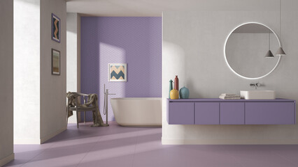Fototapeta na wymiar Modern minimalist bathroom in purple pastel tones, washbasin with mirror, bathtub, tiles and concrete walls, armchair, colored vases and decors, interior design project concept idea