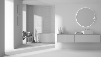 Naklejka na ściany i meble Total white project, modern minimalist bathroom, washbasin with mirror, bathtub, tiles and concrete walls, armchair, colored vases and decors, interior design project concept idea