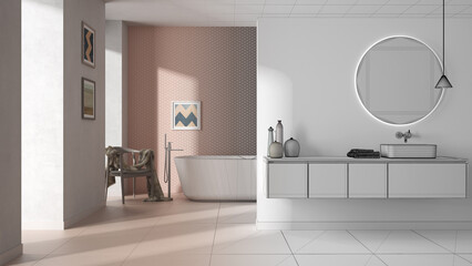 Architect interior designer concept: hand-drawn draft unfinished project that becomes real, bathroom, washbasin with mirror, bathtub, tiles, armchair and decors, project concept idea